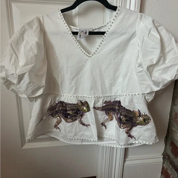 Queen of Sparkles White and Purple Sequin Blouse TCU Horned Frogs Small - Picture 2 of 4